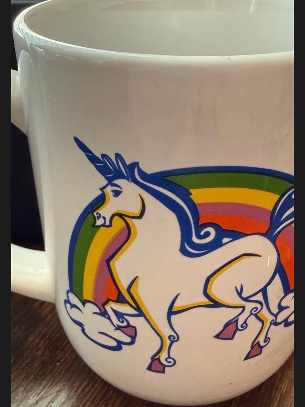 Royal Norfolk White Mug with Blue-Outlined Unicorn and Rainbow